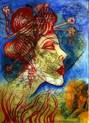 A painting of a geisha with red hair and a red hat.