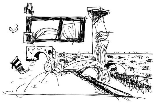 A black and white drawing of a sewing machine in a room.