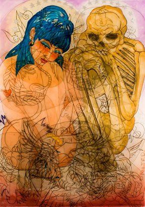 A painting of a woman and a skeleton.