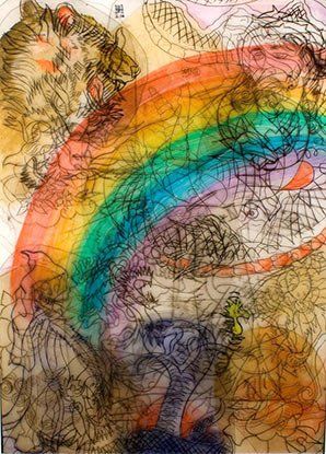 A drawing of a rainbow with a cat and a bird.
