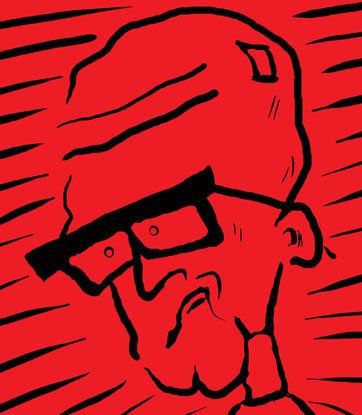 A cartoon drawing of a man wearing glasses and a hat