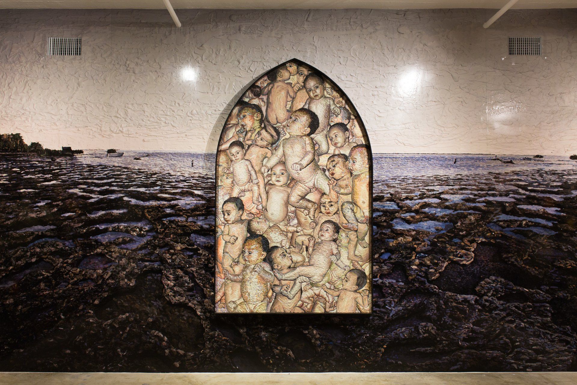 A painting of a group of people standing in front of a body of water.