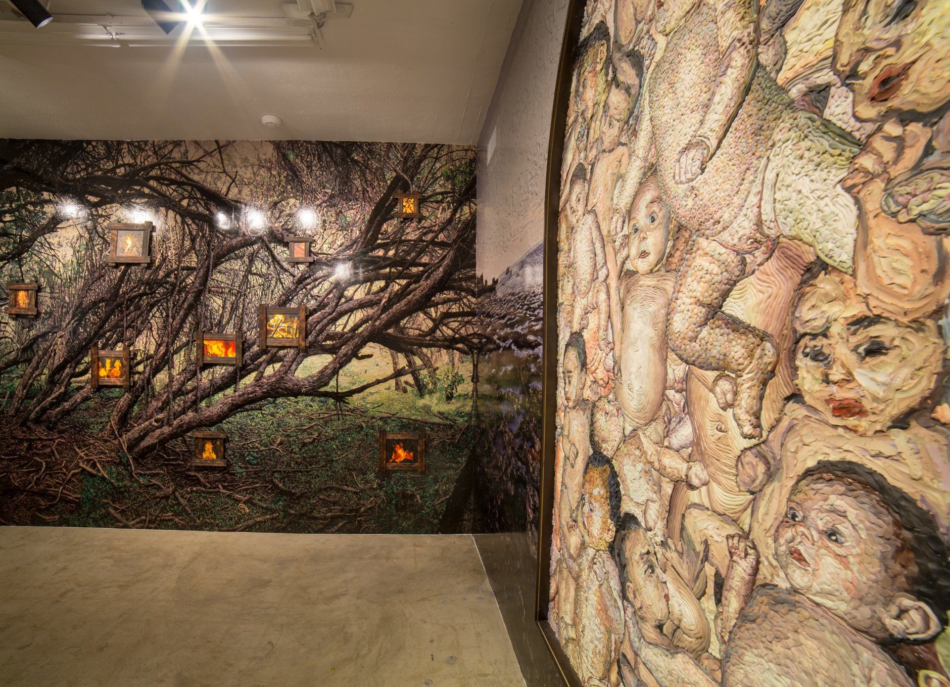 There is a large painting on the wall of a room.