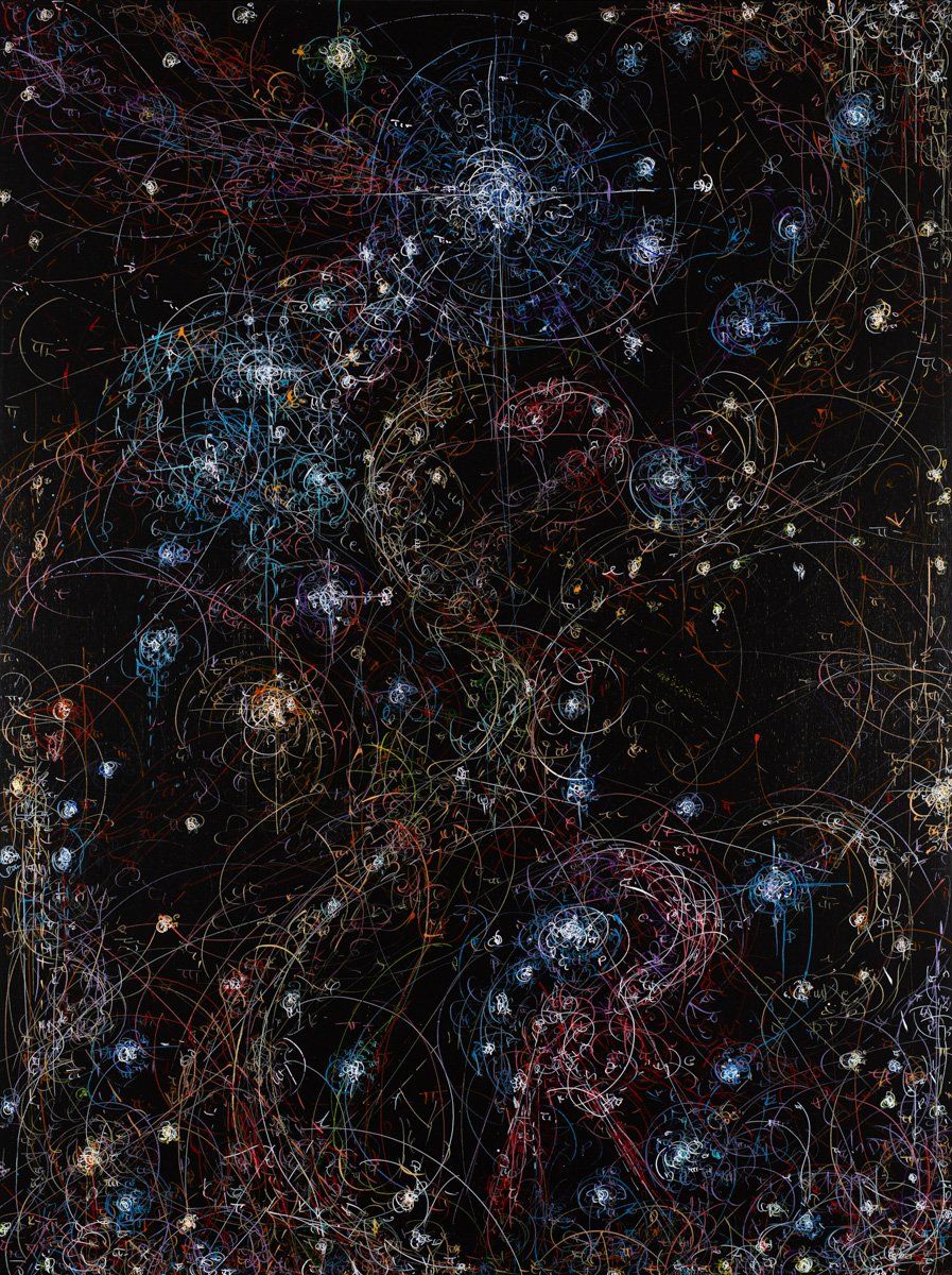 A painting of a galaxy with lots of stars on a black background.