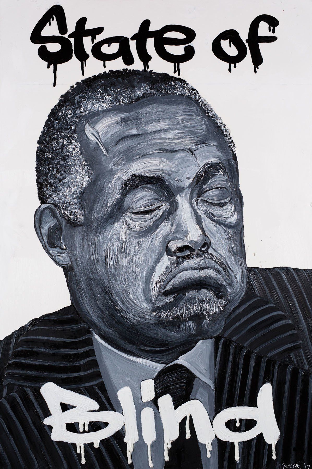 A black and white painting of a man with the words state of blind written on it