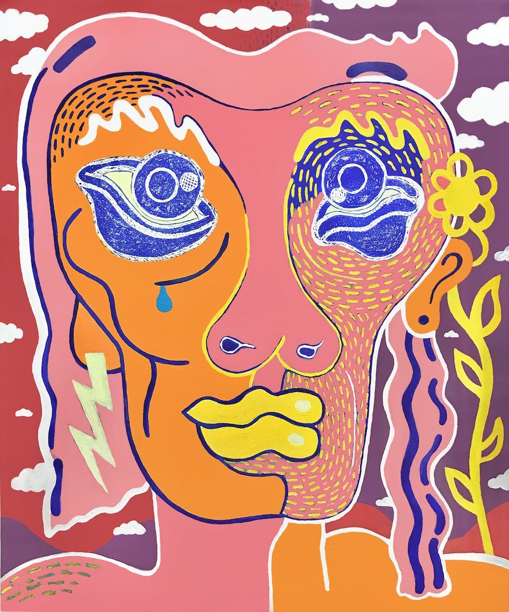 A colorful drawing of a woman 's face with a flower in her hair