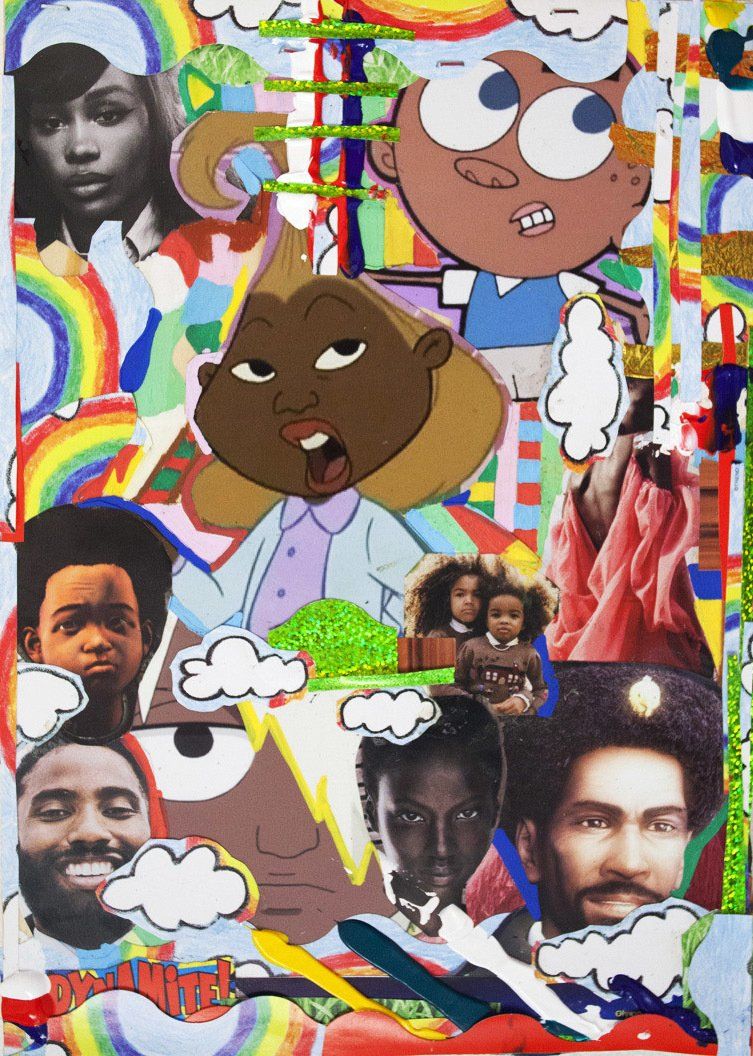 A collage of cartoon characters with a rainbow in the background