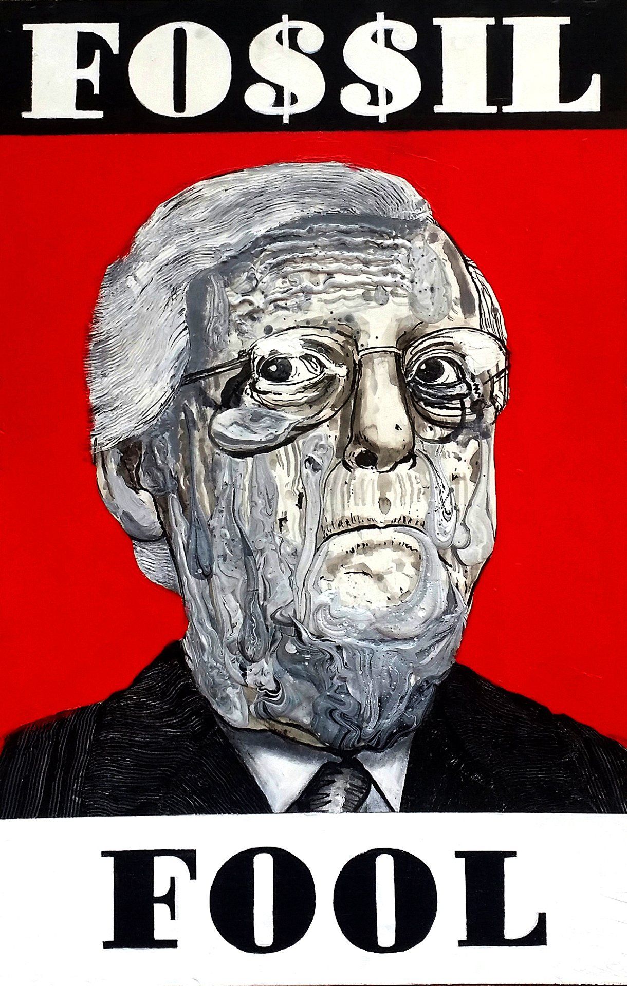 A painting of a man with a beard and glasses with the words fossil fool below him