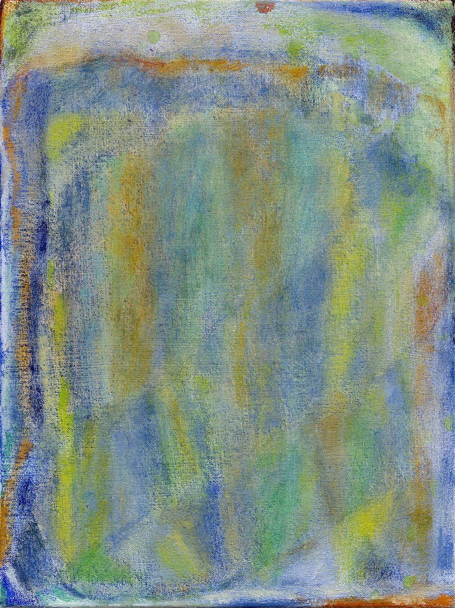 A close up of a blue and green painting on a wall.