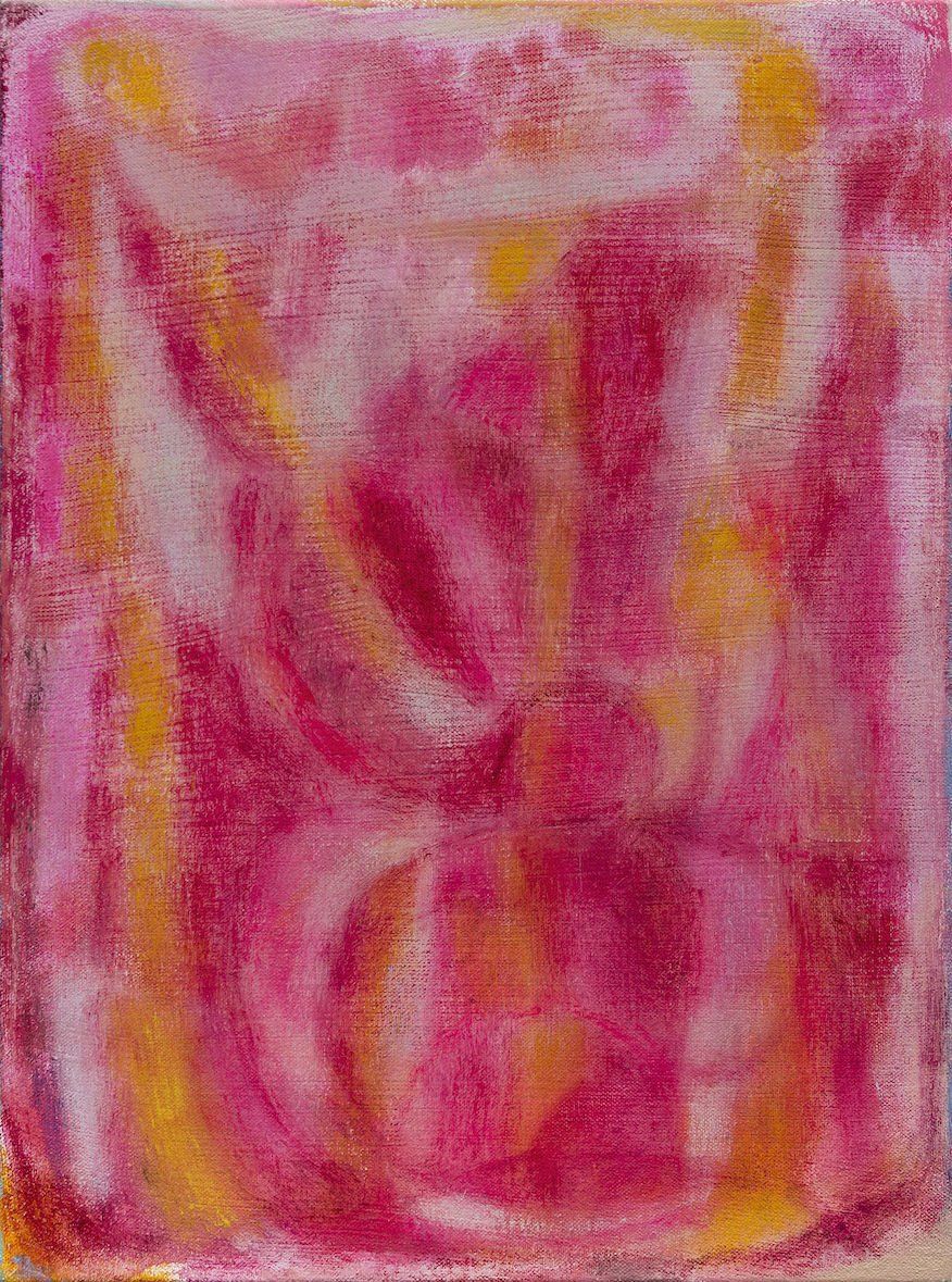 A close up of a pink and yellow painting on a wall.