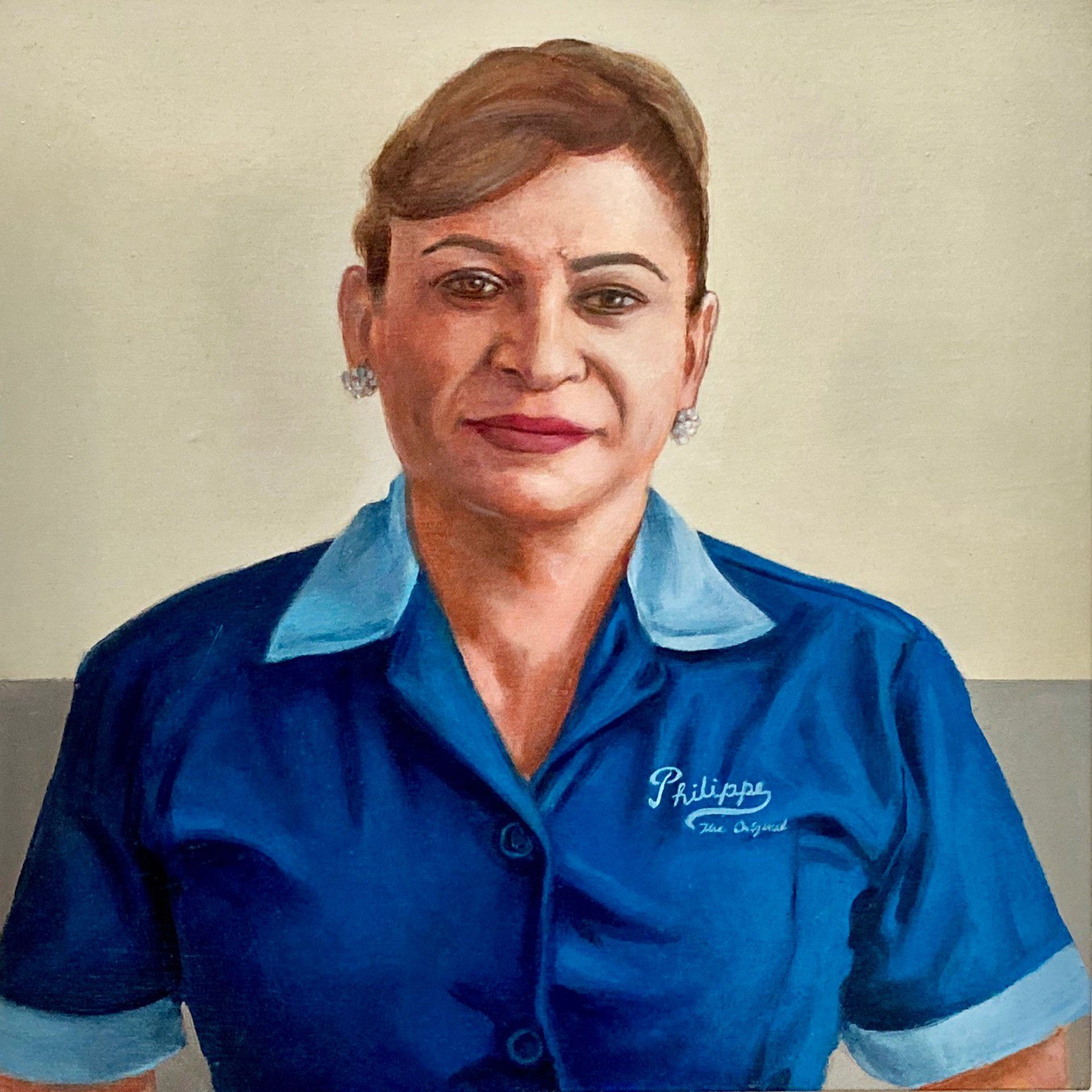 A painting of a woman wearing a blue shirt with the word philips on it