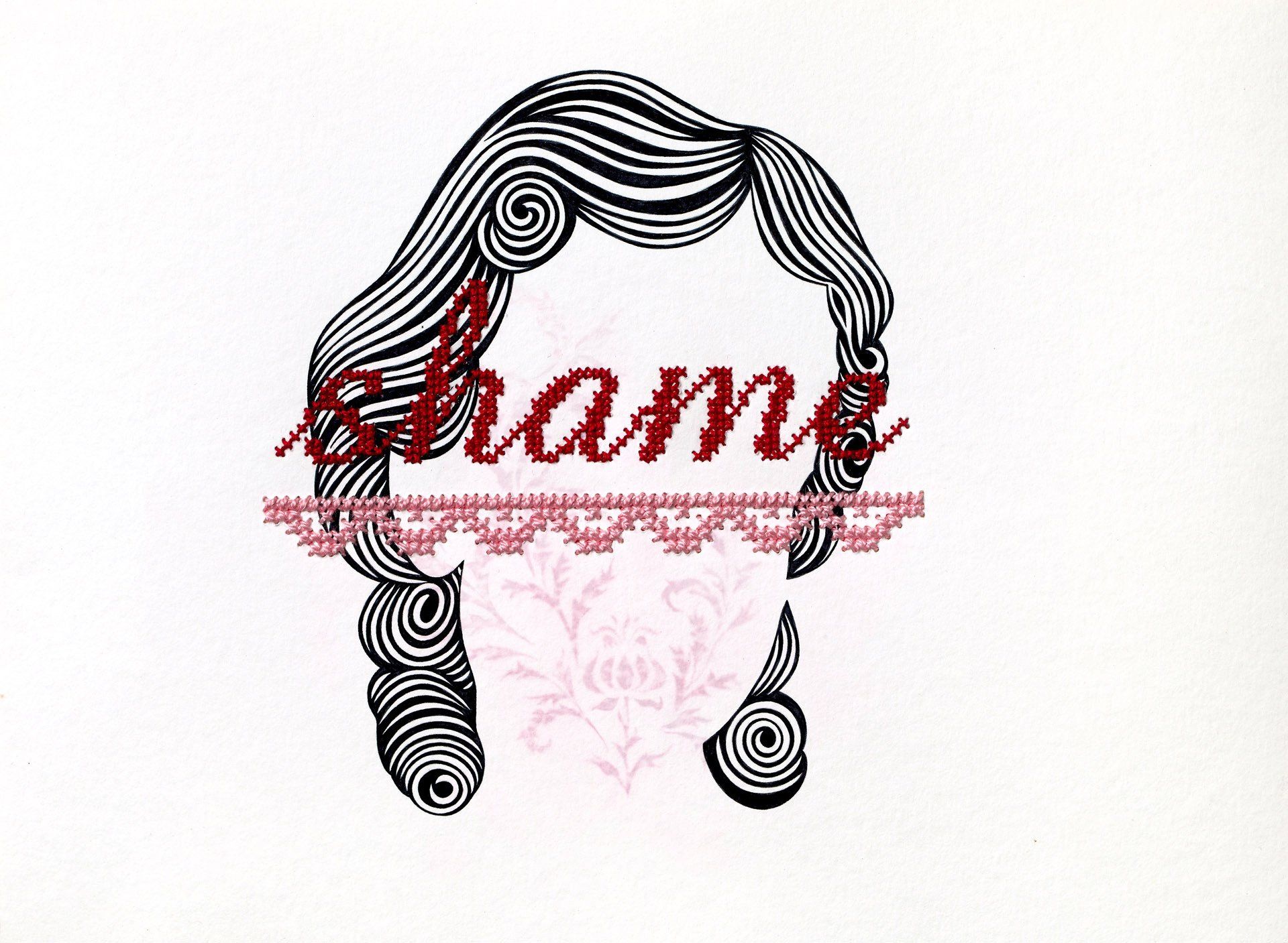 A drawing of a woman 's face with the word shame written on it