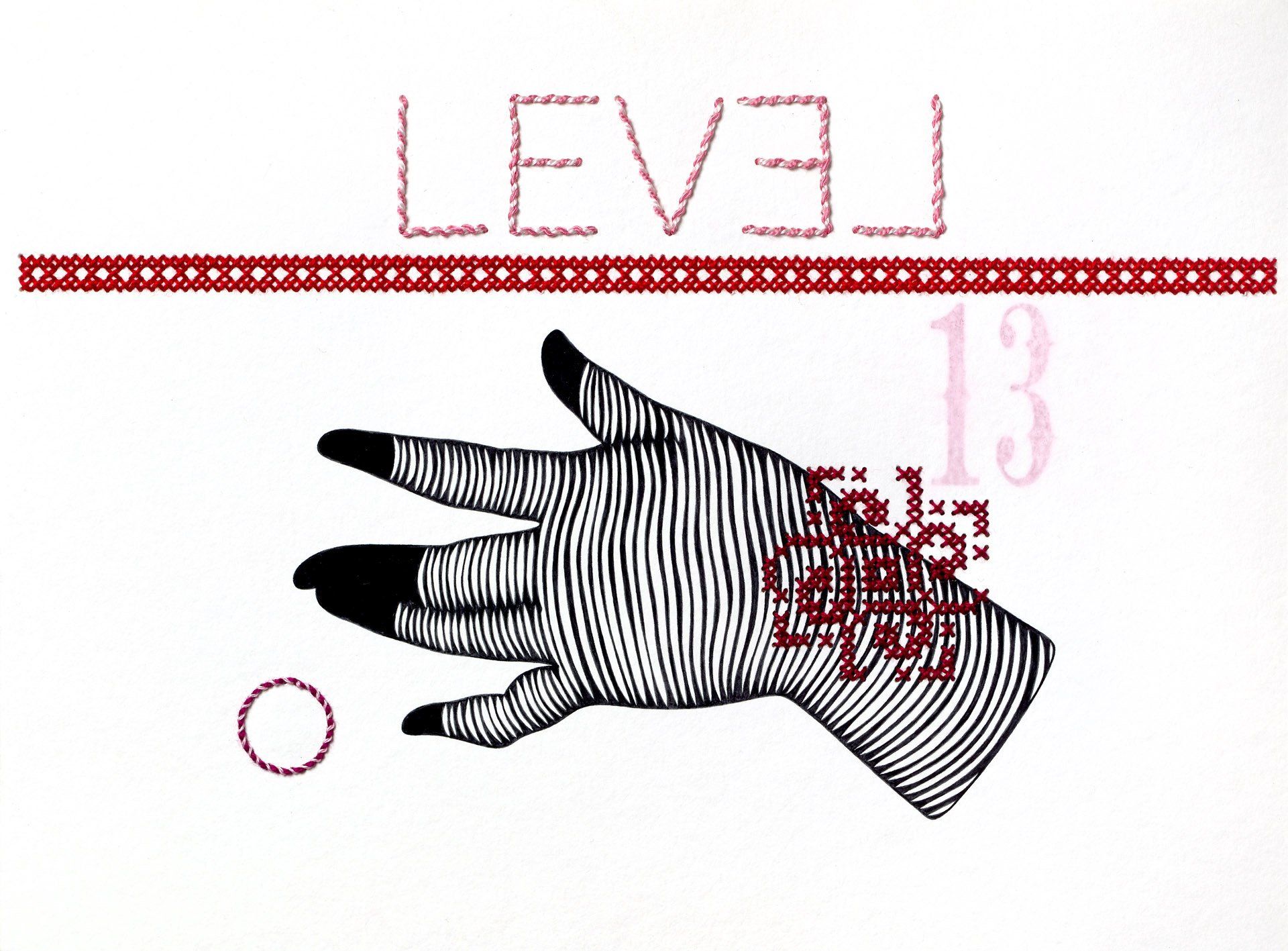 A black and white drawing of a hand with the number 13 on it
