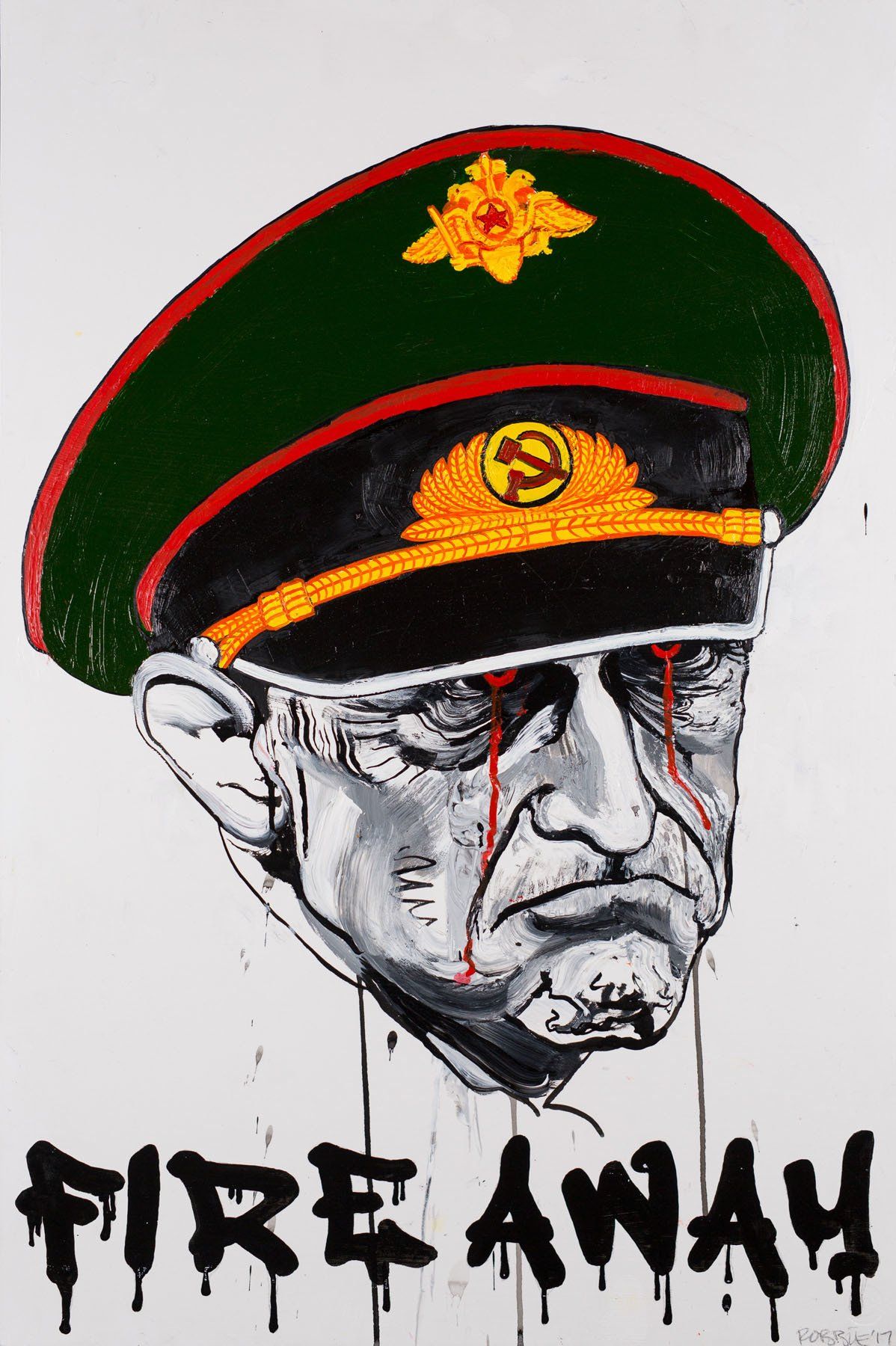 A painting of a man wearing a military hat with the words fire away on the bottom