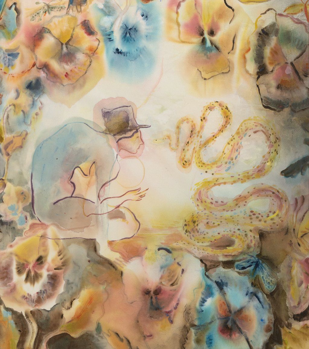 A close up of a painting of flowers and snakes