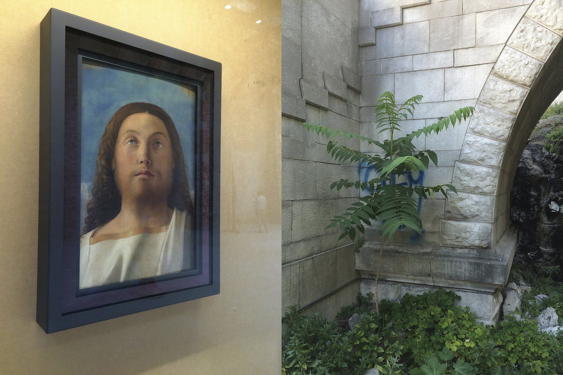 A painting of jesus is hanging on a wall next to a brick wall