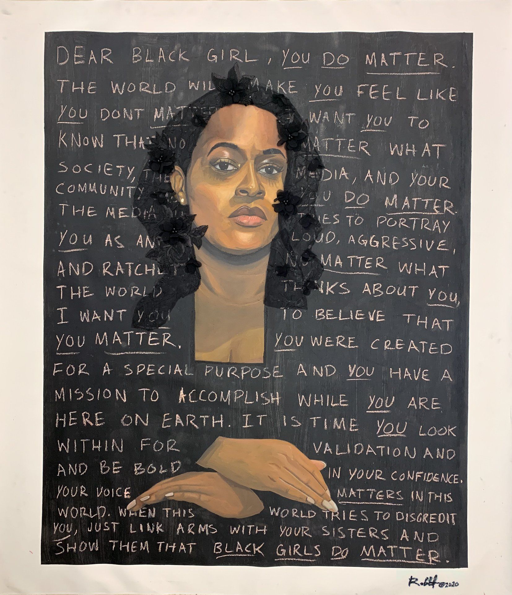 A painting of a woman with the words dear black girl on it