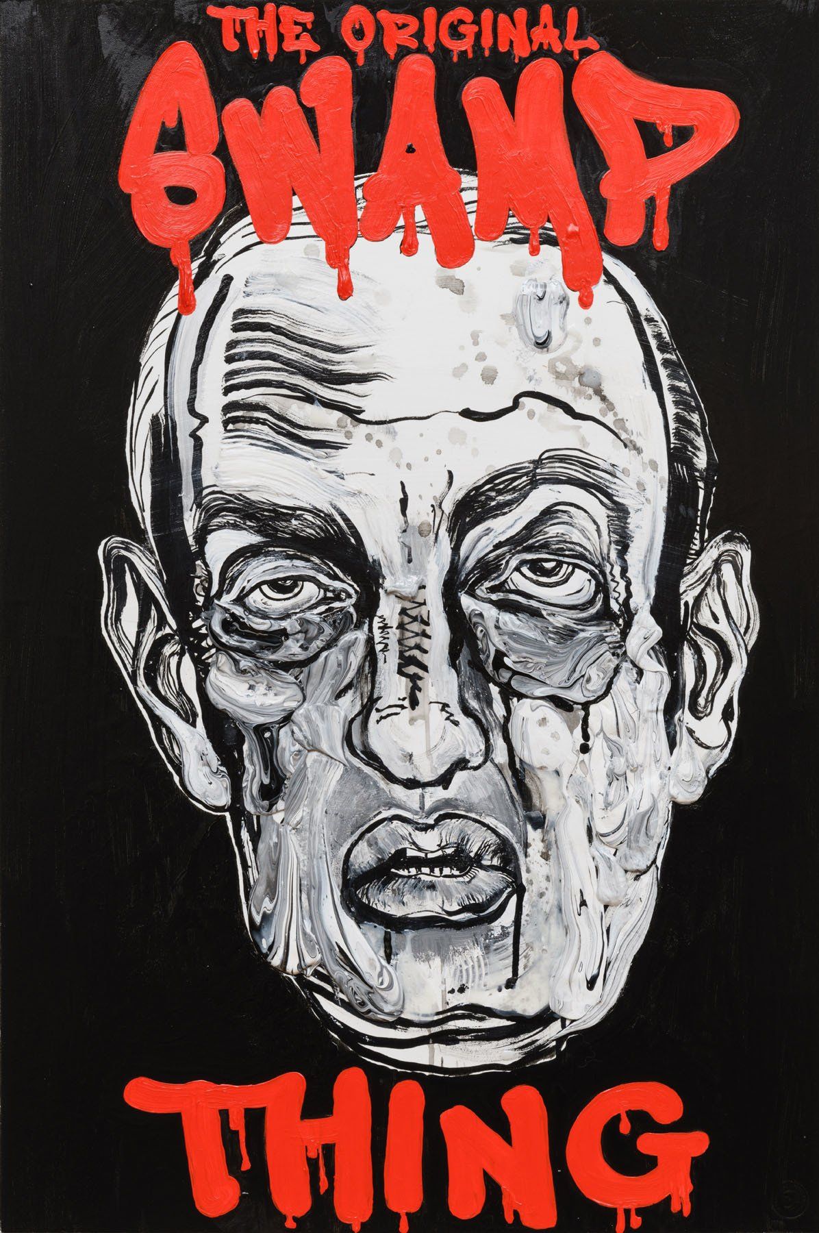 A poster for the original swamp thing with a man 's face on it