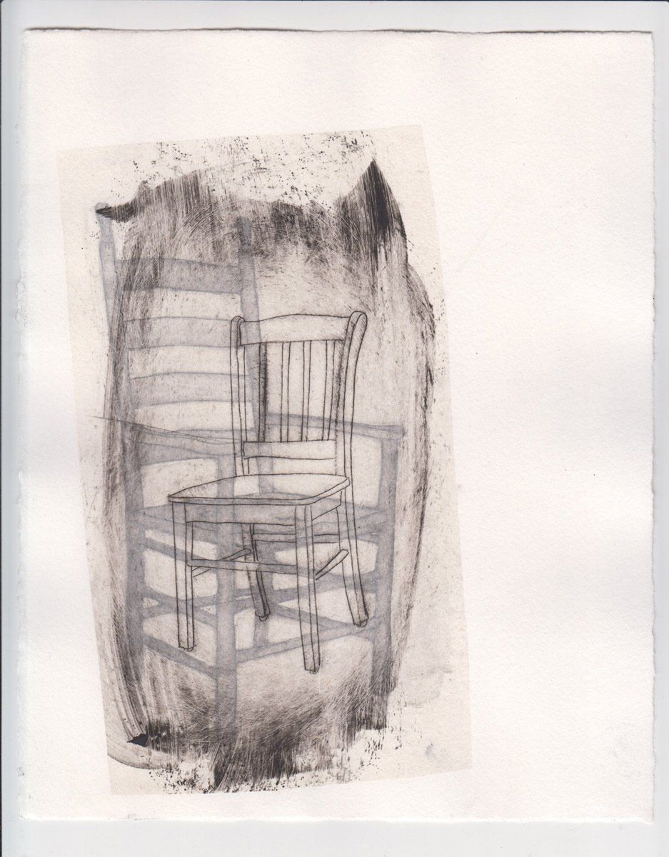 A black and white drawing of a chair on a white background