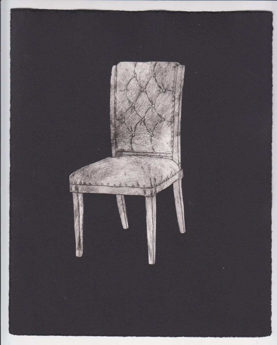 A black and white drawing of a chair on a black background