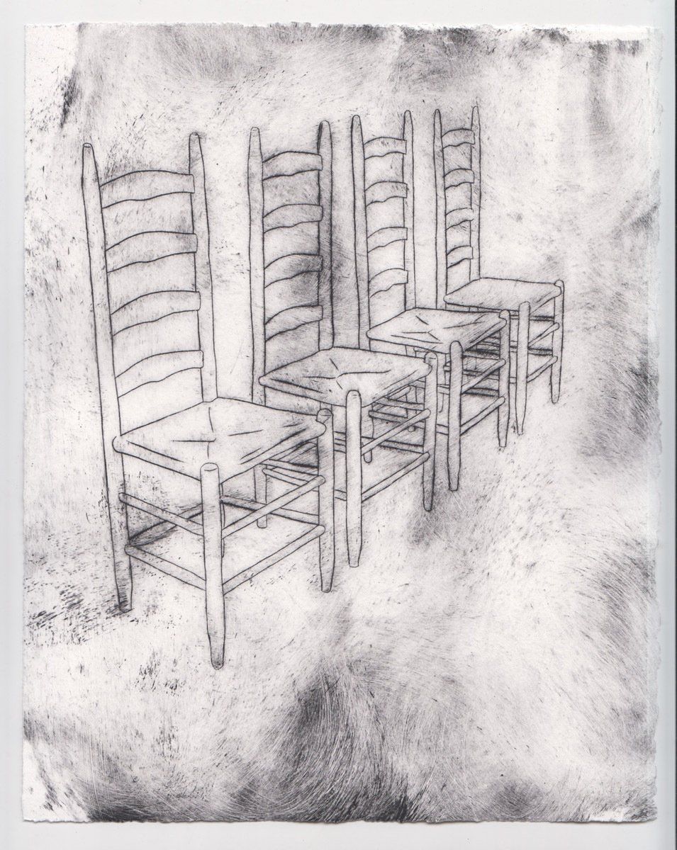 A black and white drawing of a row of chairs