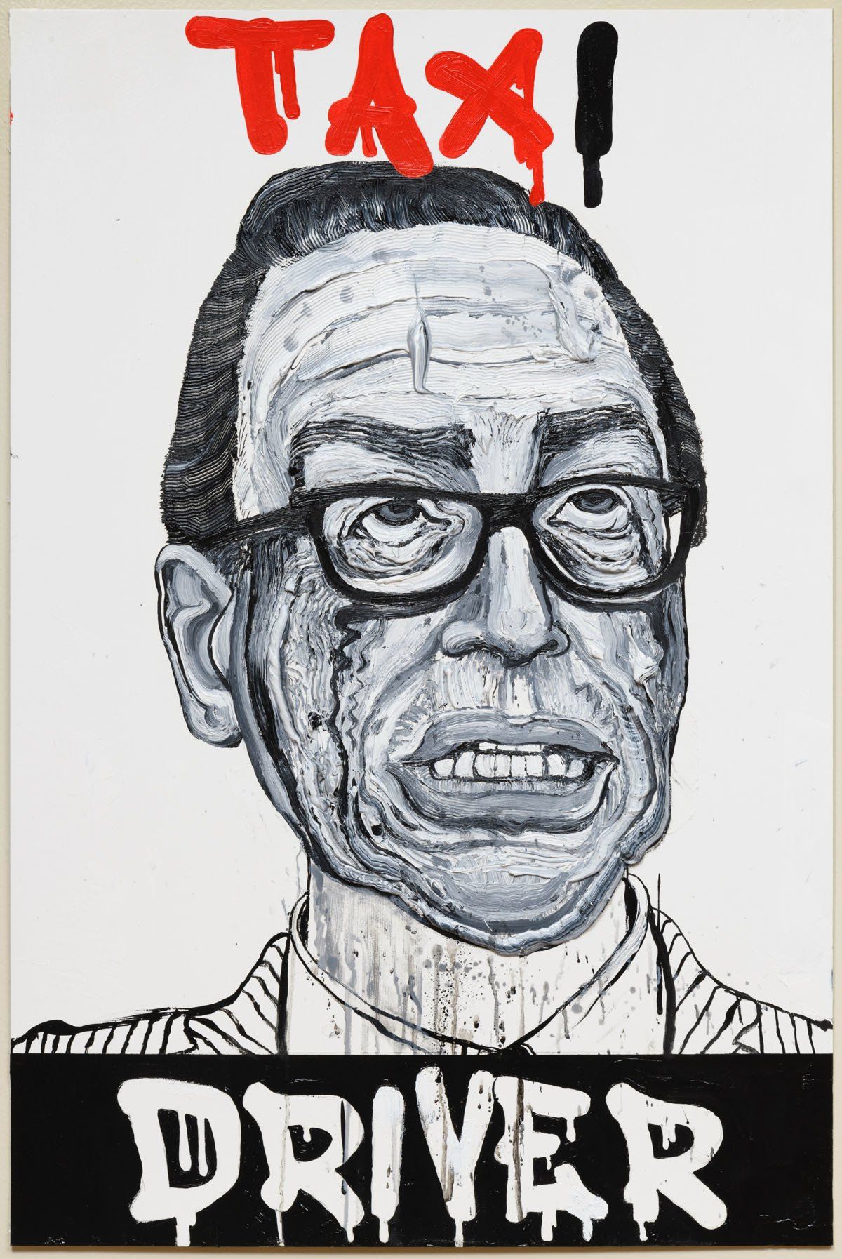 A black and white painting of a taxi driver