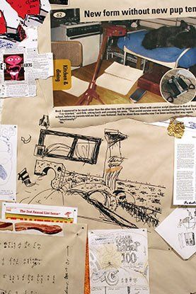 A collage of papers and drawings including one that says new form without new pop term