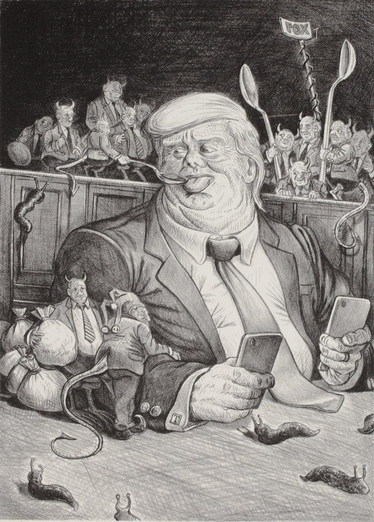 A black and white drawing of a man in a suit and tie sitting at a table.