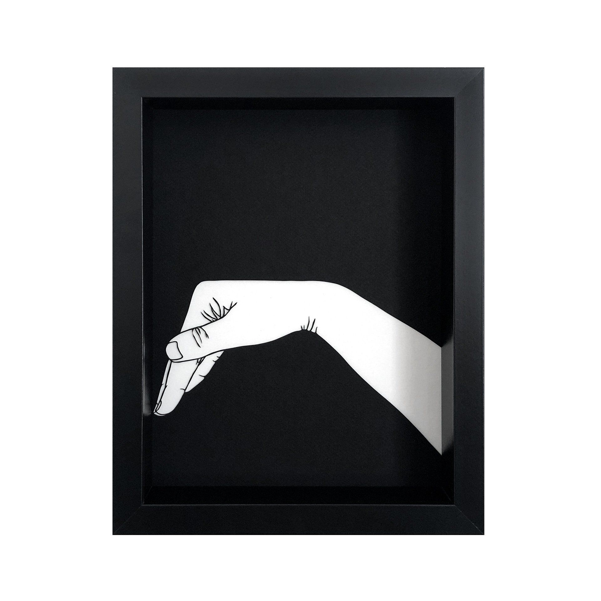 A black and white drawing of a hand reaching out
