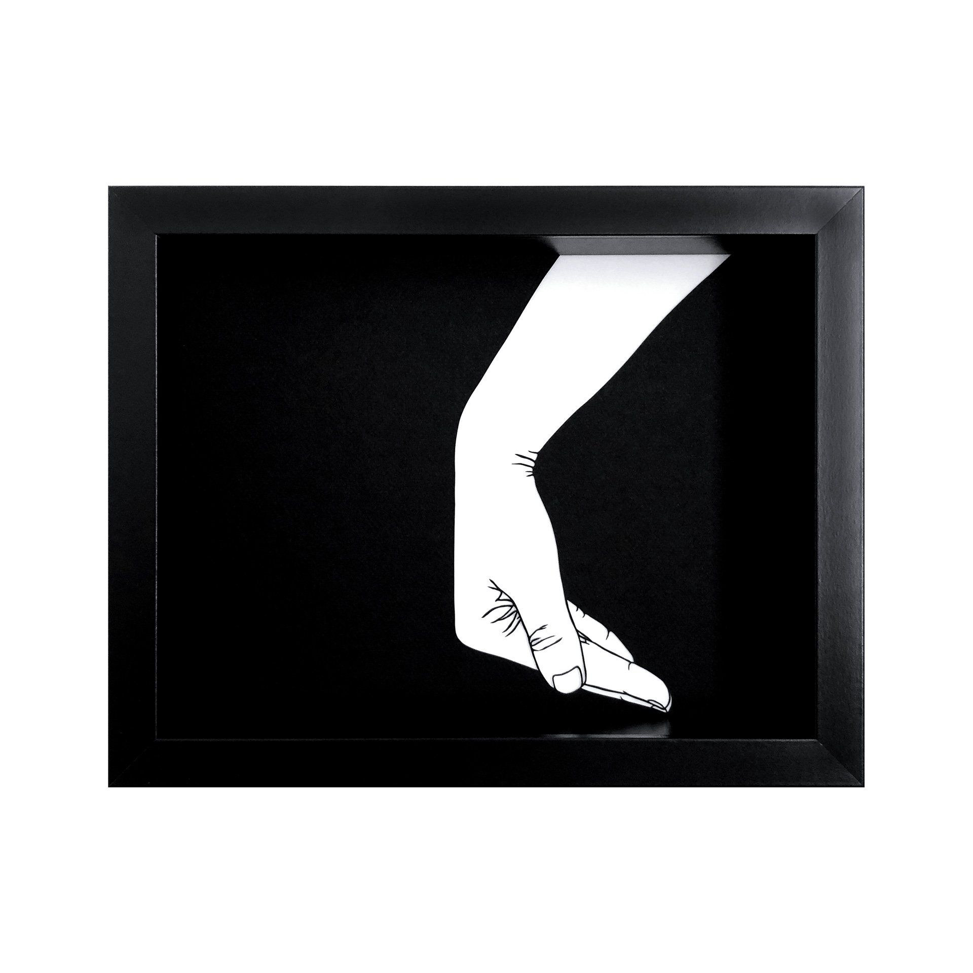 A black and white drawing of a hand on a black background