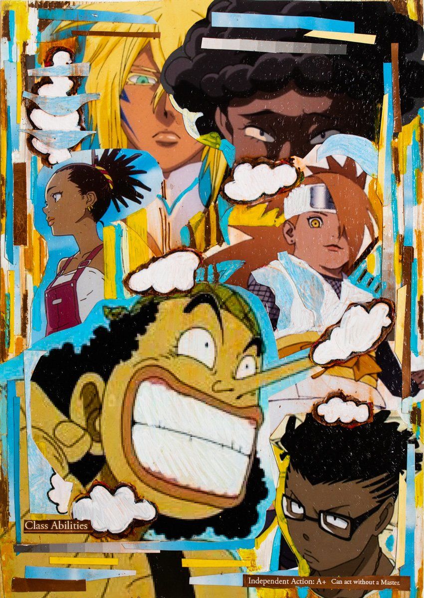A painting of a group of cartoon characters on a blue and yellow background