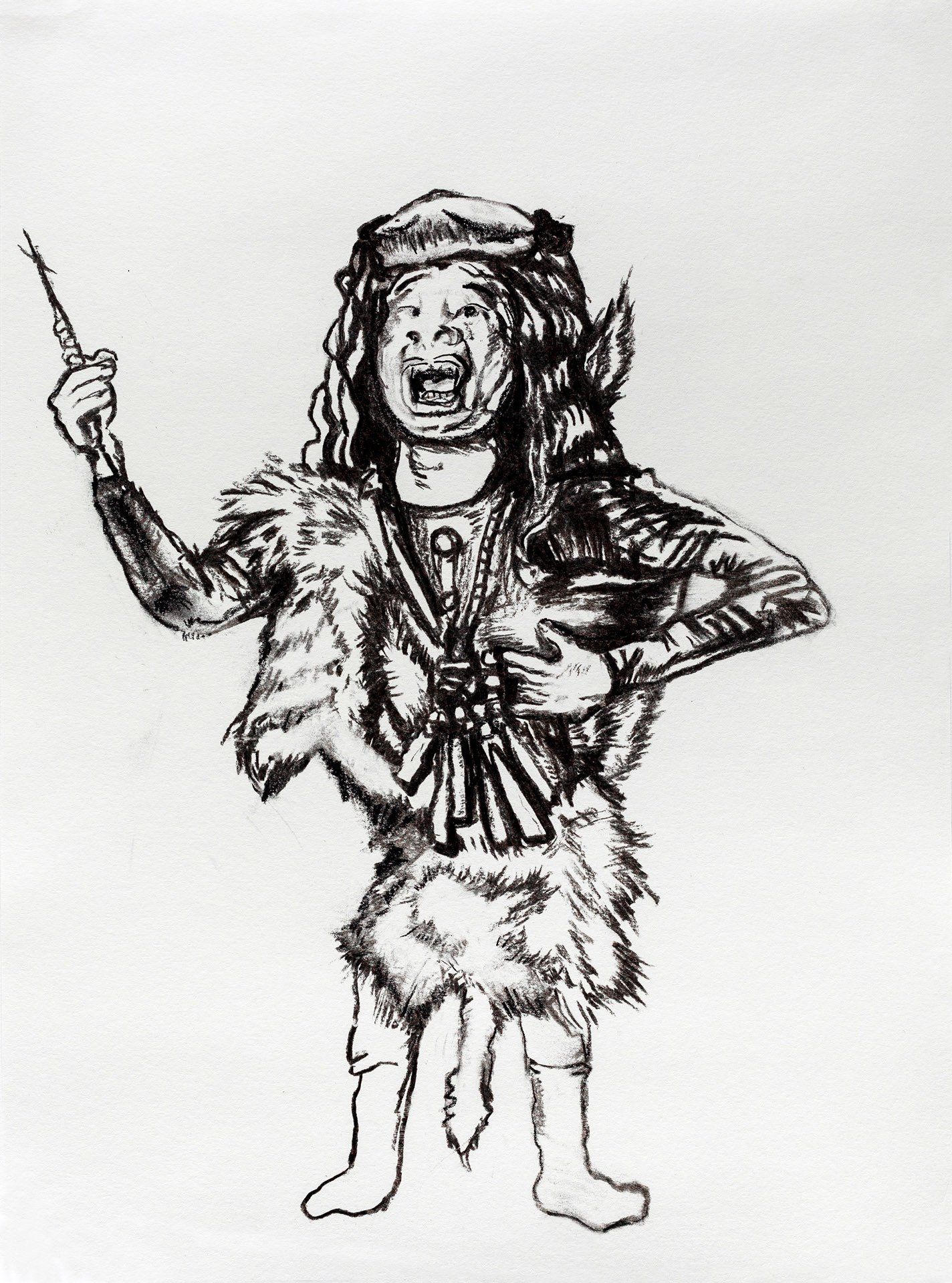 A black and white picture of a person wearing fur clothing.