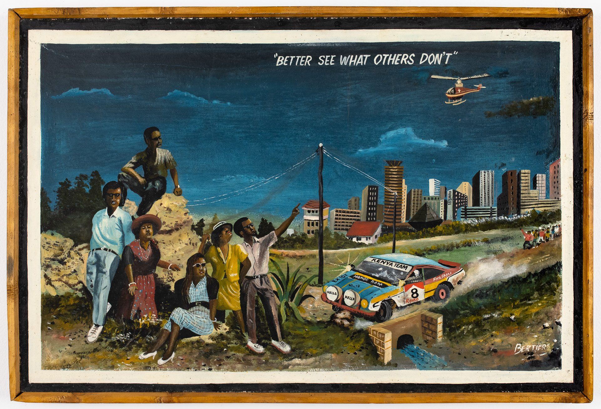 A painting of a group of people looking at a car with the words