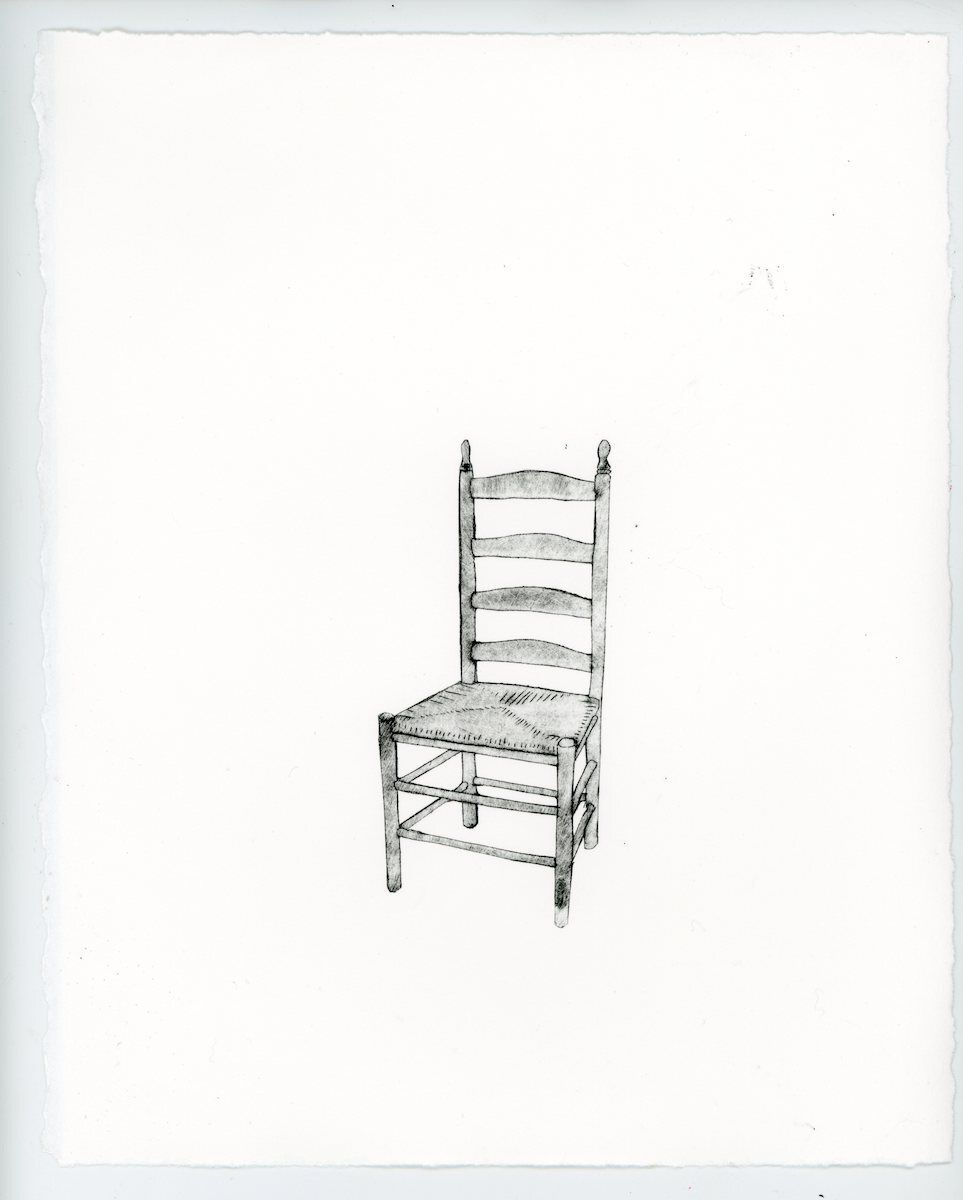 A black and white drawing of a chair on a white background.