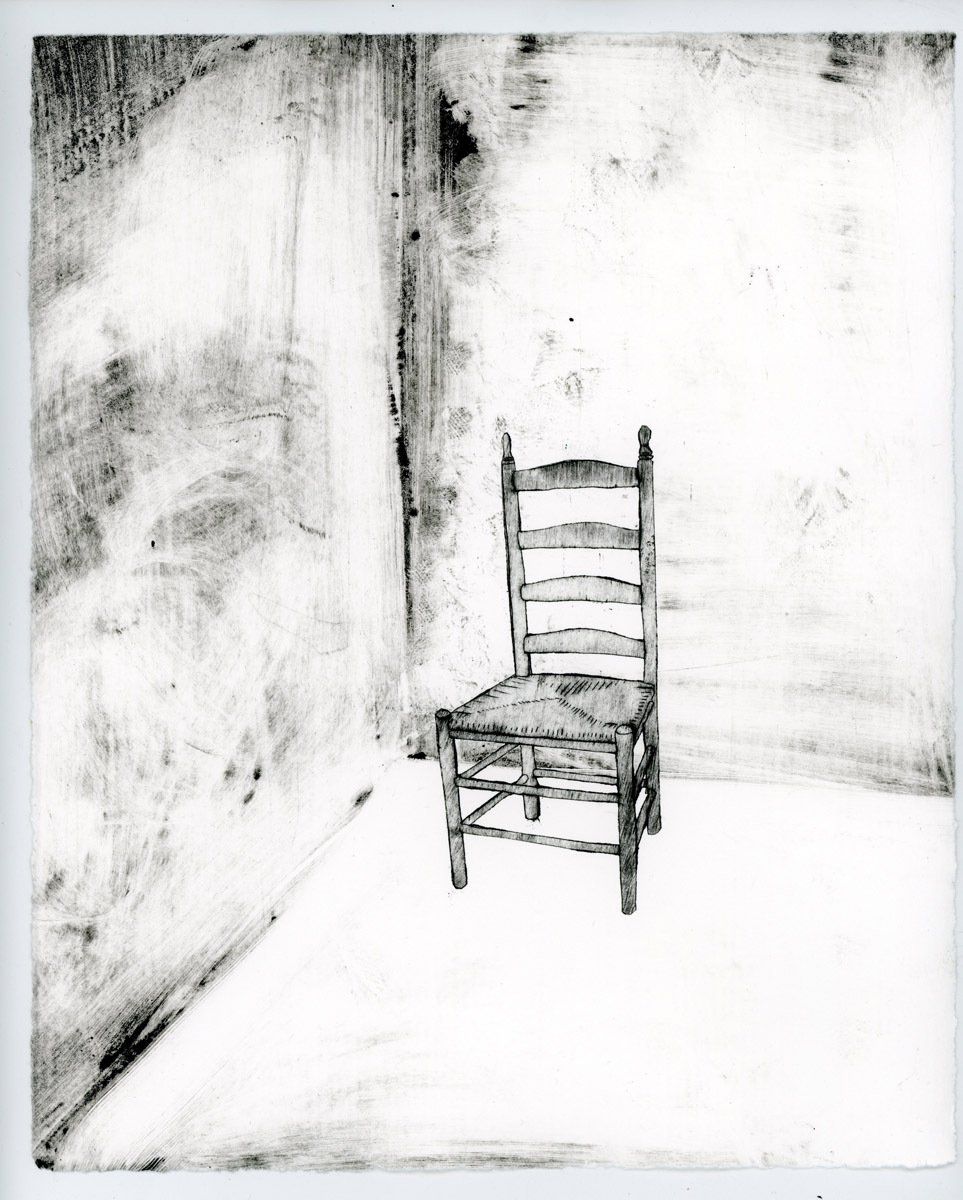 A black and white drawing of a chair in a room