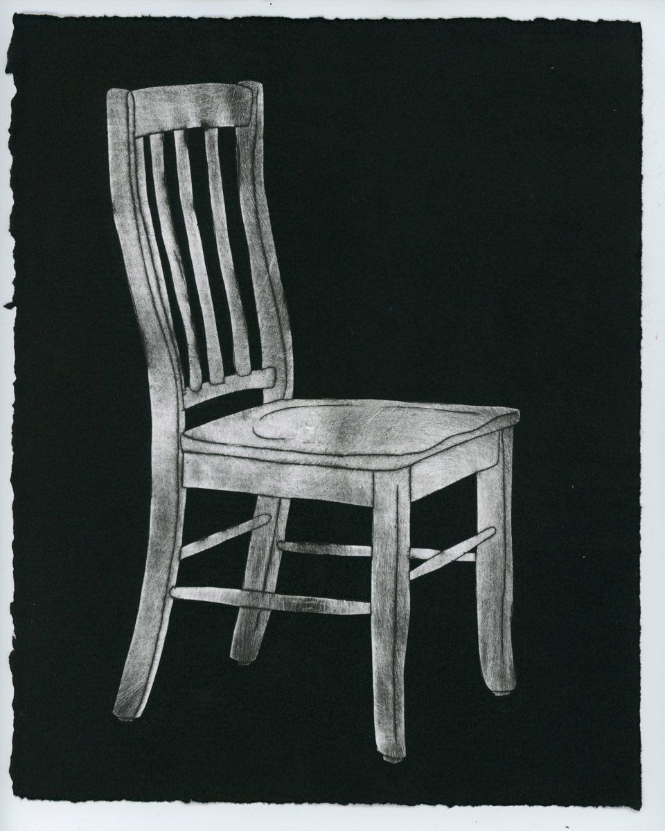 A black and white drawing of a chair on a black background