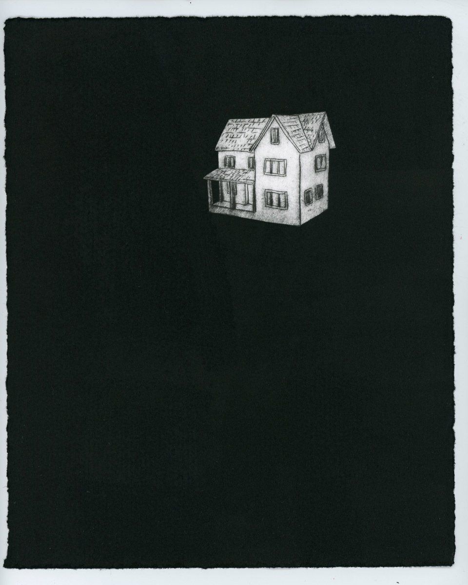 A black and white drawing of a house on a black background