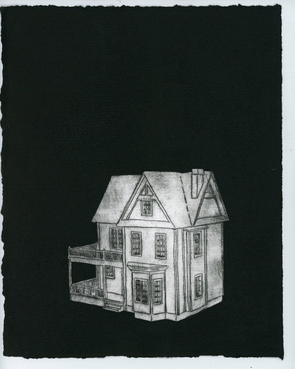 A black and white drawing of a house on a black background