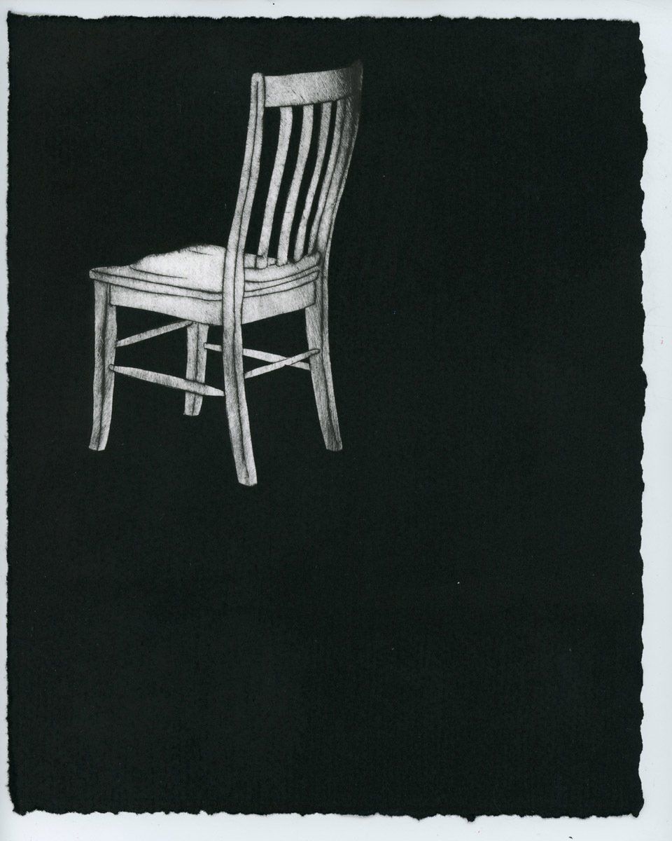 A black and white drawing of a chair on a black background
