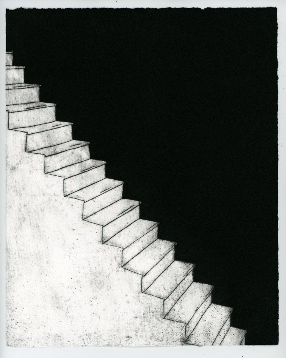 A black and white drawing of a set of stairs