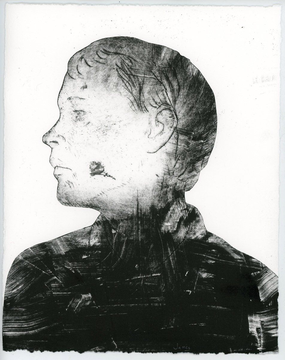 A black and white drawing of a man 's face