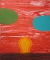 A close up of a painting of balloons on a red background.
