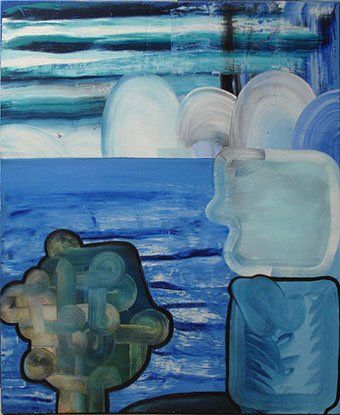 It is a painting of a person 's head in the water.