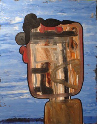 A painting of a man 's head with a mustache on a blue background.