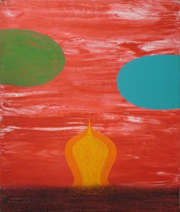 A painting of a red background with green and blue circles
