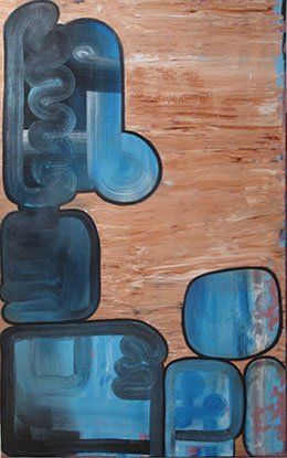 A painting of a blue and black object on a wooden surface.