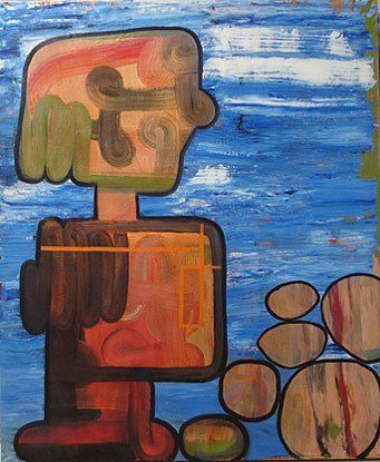 A painting of a robot with a blue background and circles around it.