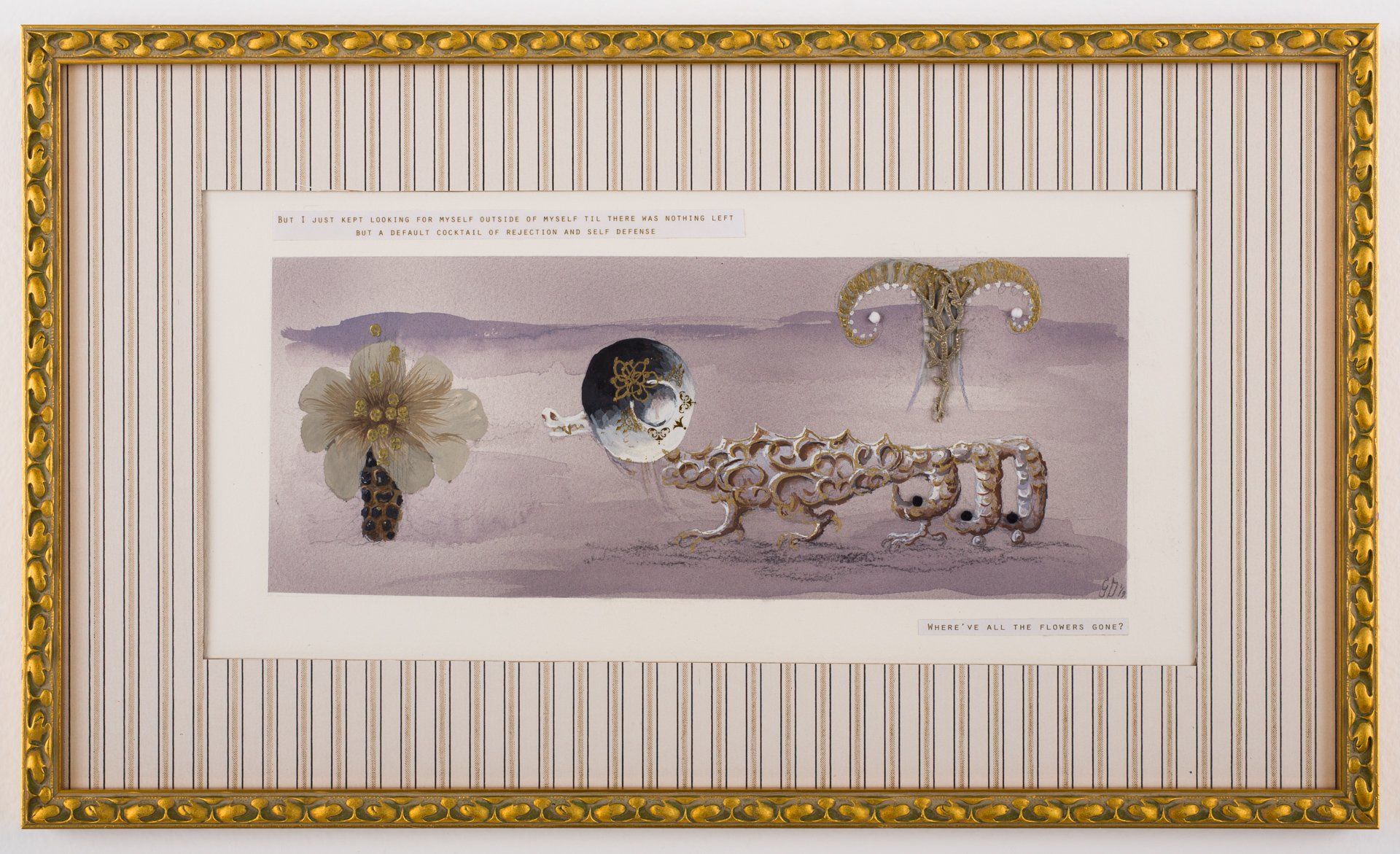 A painting in a gold frame with a striped background