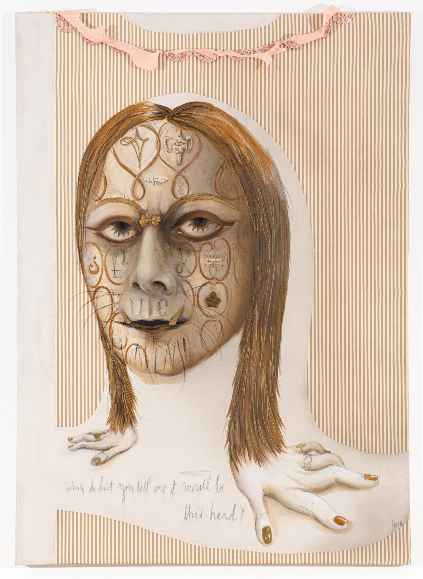A painting of a woman with a mask on her face.