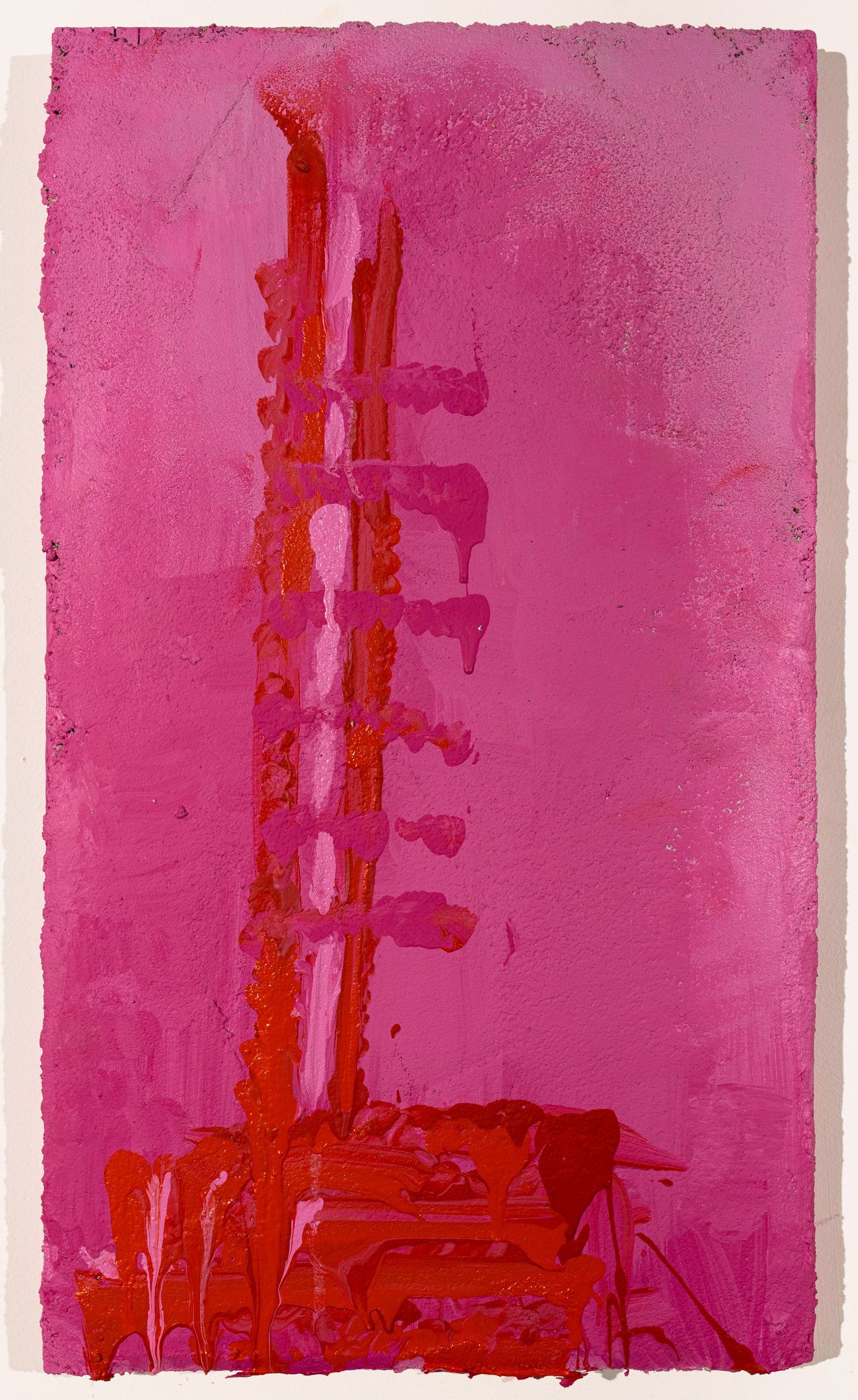 A pink and red painting of a ladder on a white background.
